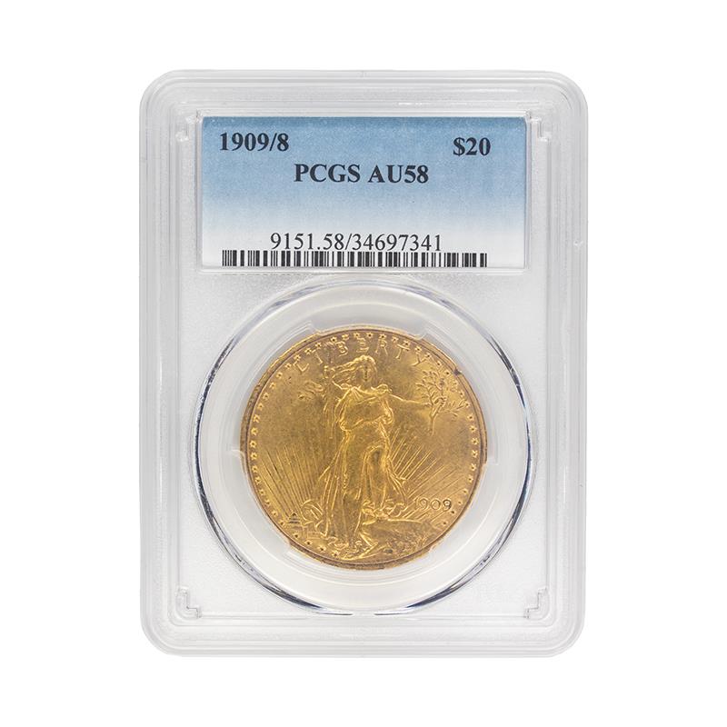 1909/8 St. Gaudens Double Eagle, $20 PCGS AU-58 - Better Date