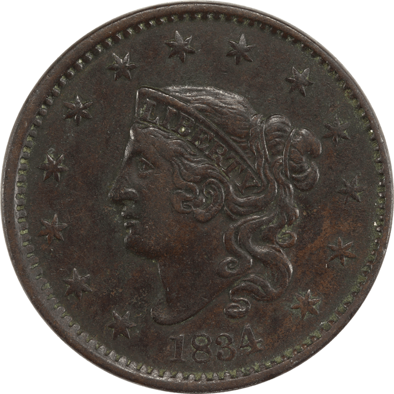 1834  Lg 8-Sm Stars Coronet Head Cent 1c Circulated AU - Nice and Original