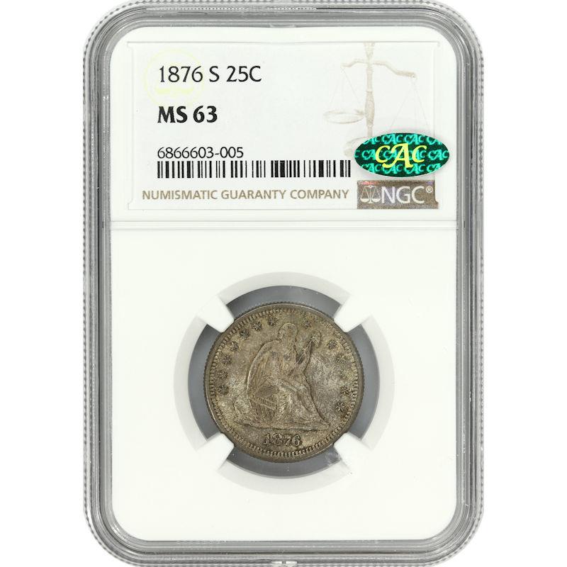 1876-S Seated Liberty Quarter 25c, NGC MS-63 CAC - Nice Original Coin