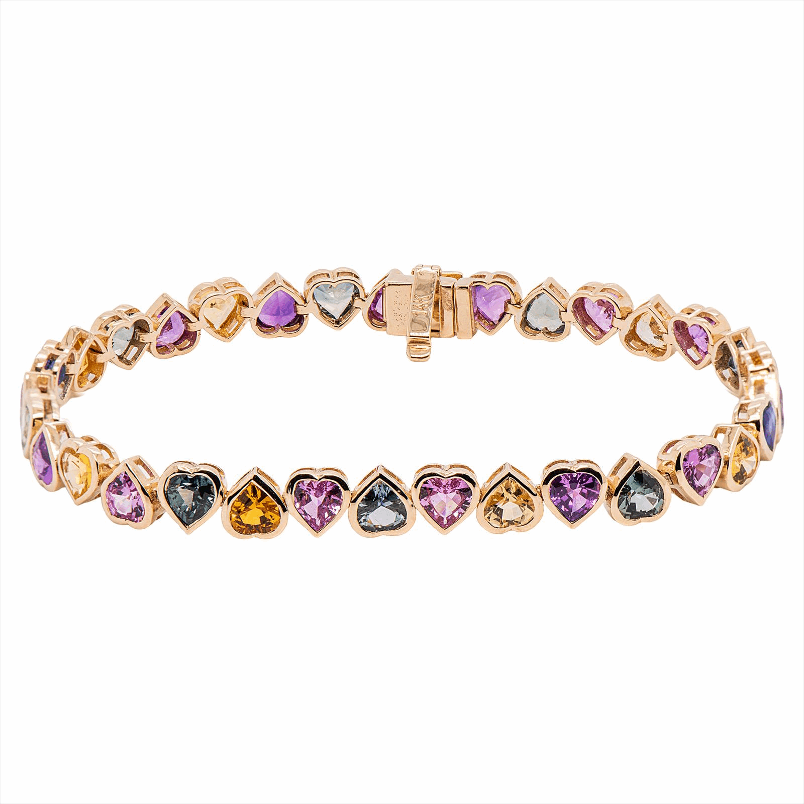 14KY Multi Sapphire Heart Shaped Bracelet - Heated Saph - 12.53CT - 11.31g - 7 Inch 