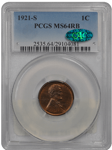 1921-S 1C Lincoln Cent - Type 1 Wheat Reverse PCGS RB (CAC) #3561-1 MS64