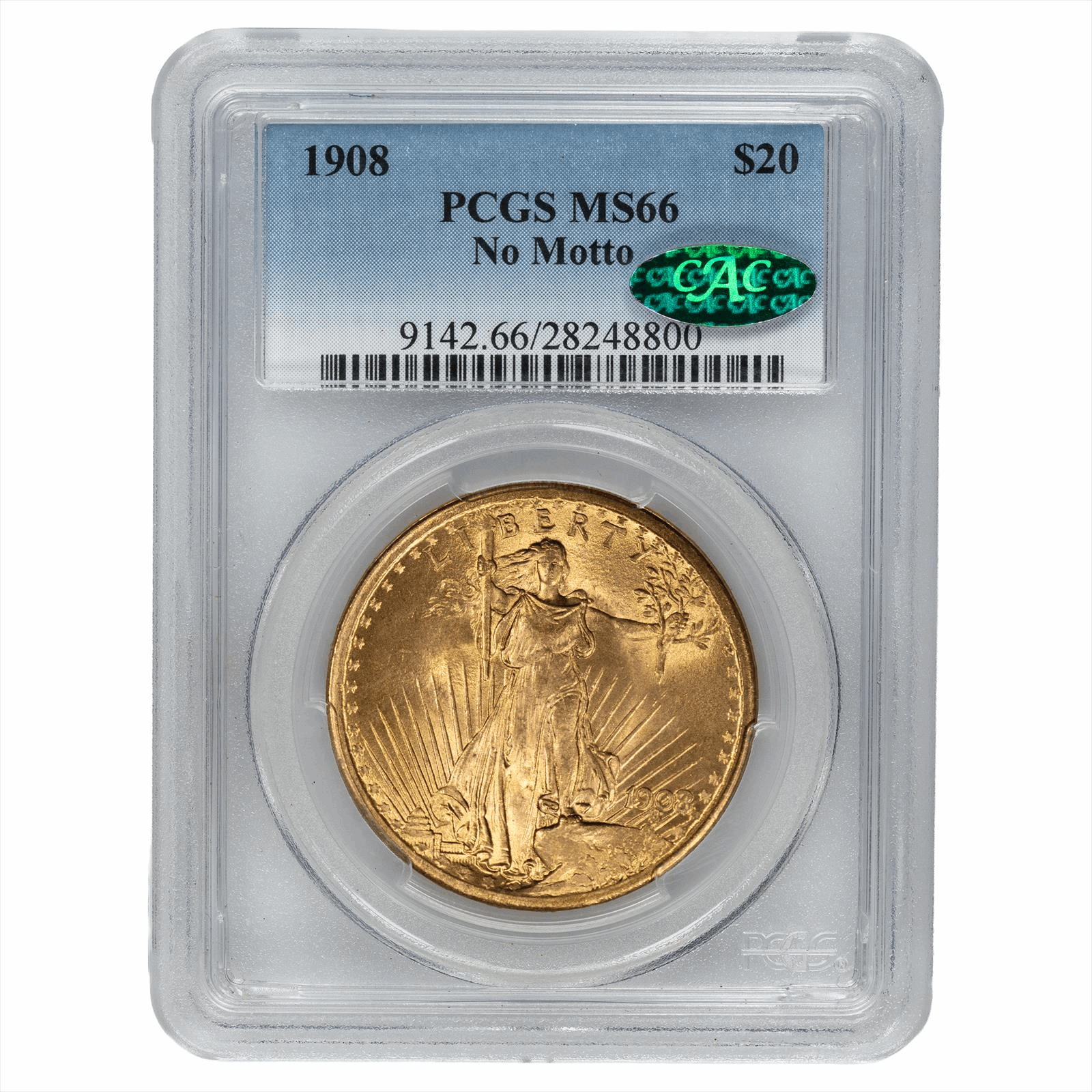 1908 St. Gaudens Gold Double Eagle $20 No Motto PCGS MS 66 CAC