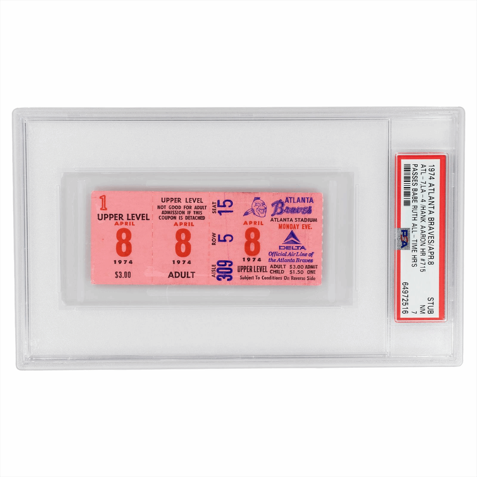 1974 Atlanta Braves ATL-7, LAD-4 Hank Aaron HR #715 Passes Babe Ruth HRS # Stub PSA NM 7 Cert #64972516