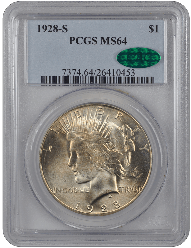 1928-S $1 Peace Dollar CAC MS64  MS 64