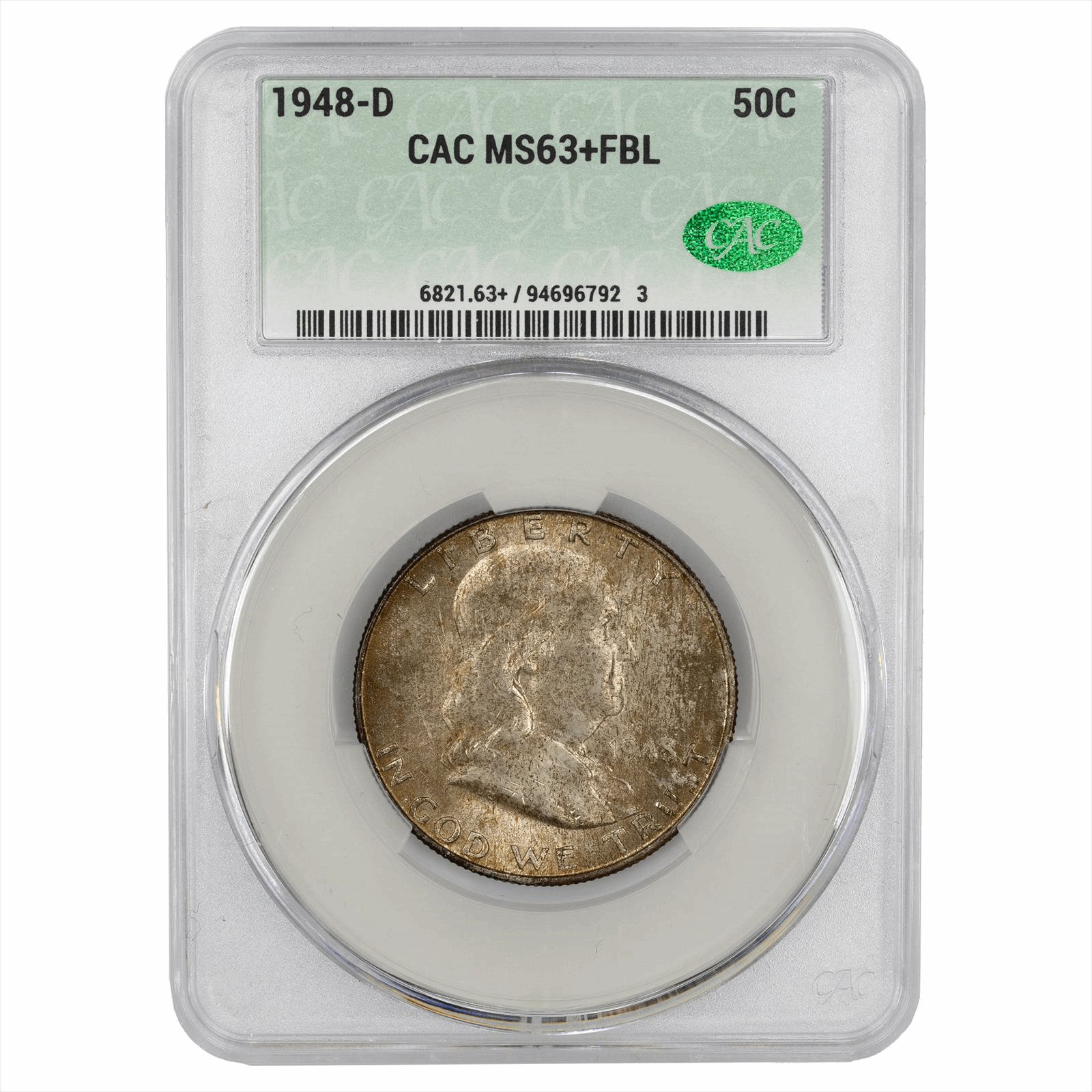1948-D Franklin Half Dollar CACG MS 63+ FBL