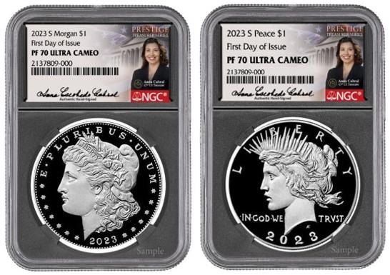 2023-S 2-Coin Morgan & Peace Silver Dollar Set, FDI, PF70, NGC, Anna Cabral