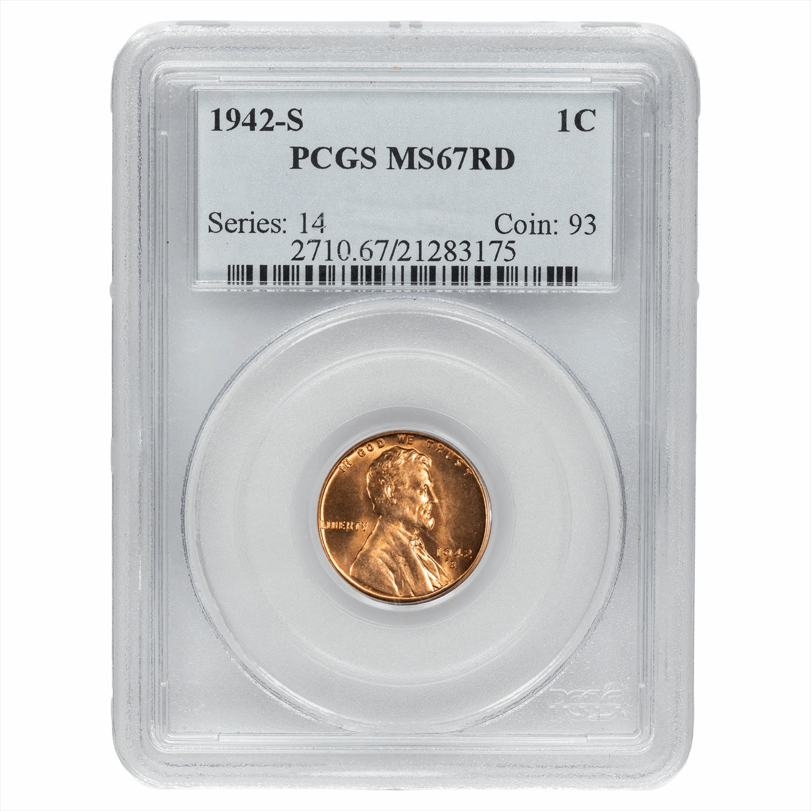 1942-S Lincoln Wheat Cent 1C PCGS MS 67 RD