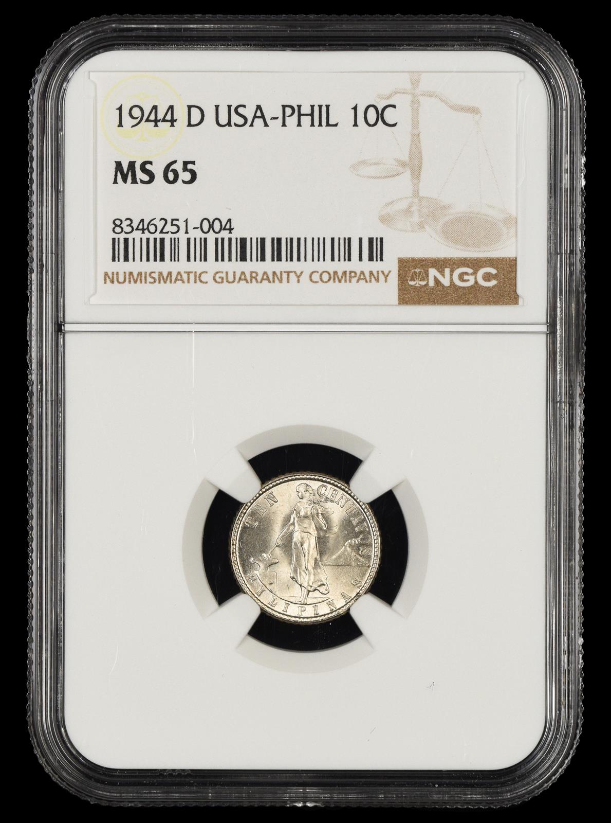1944 D Philippines 10 Centavos NGC MS65
