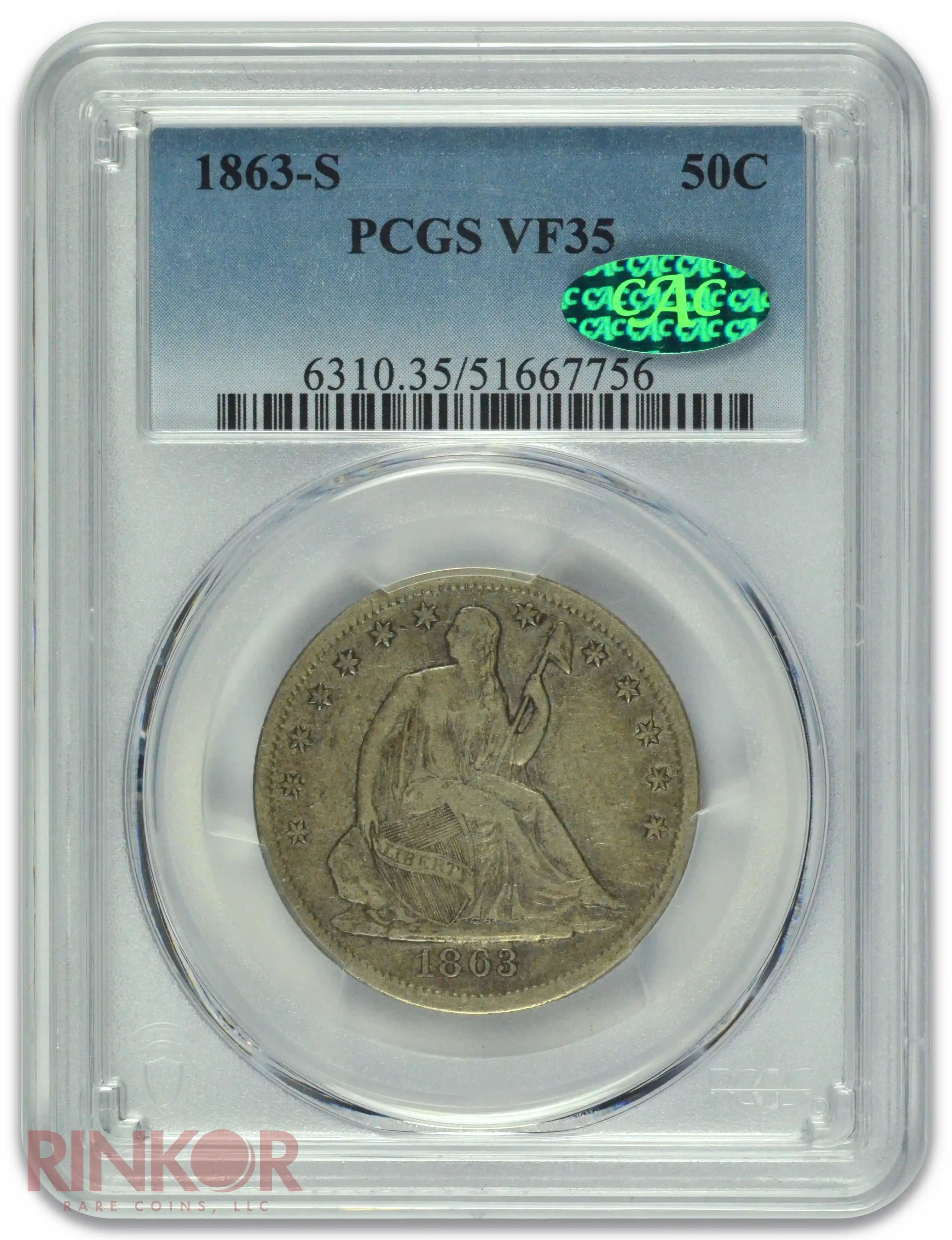1863-S Seated Liberty Half Dollar WB-3 PCGS VF-35 CAC