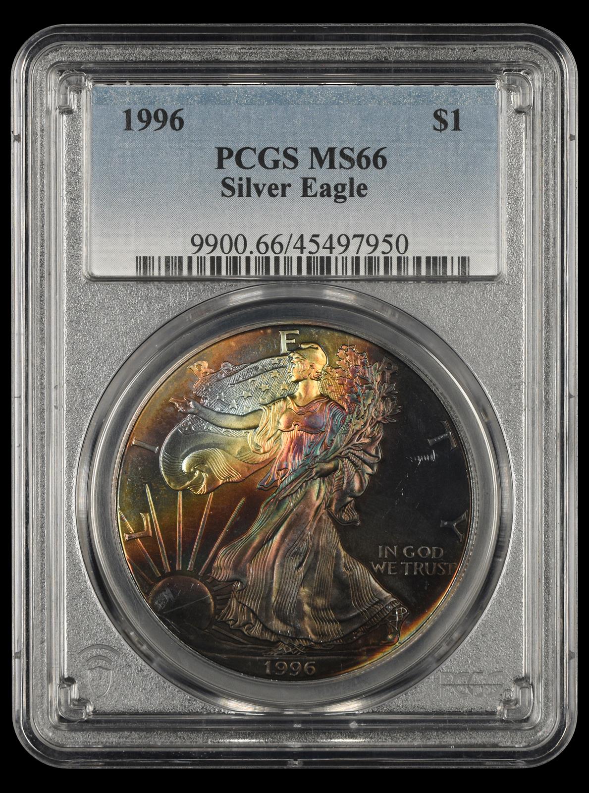 1996 American Silver Eagle $1 Attractively Toned PCGS MS66 MS66