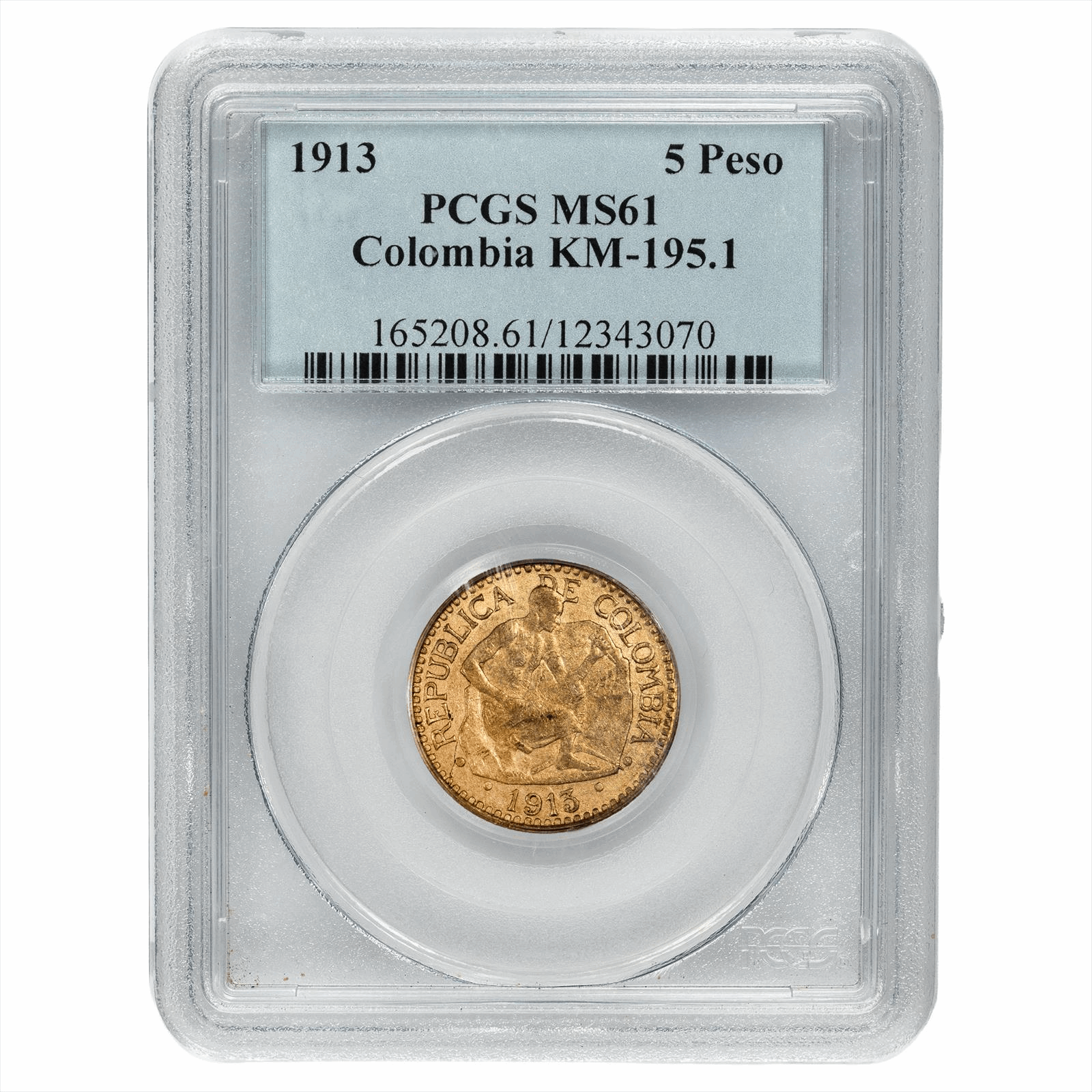 1913 Colombia Gold 5 Peso PCGS MS 61