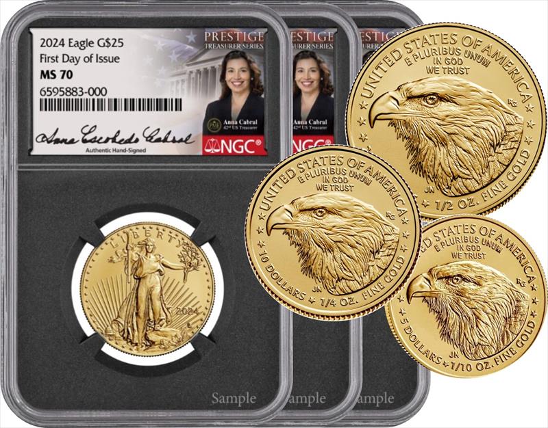 2024 3-Coin American Gold Eagles Set, FDI, MS70, NGC, Anna Cabral 