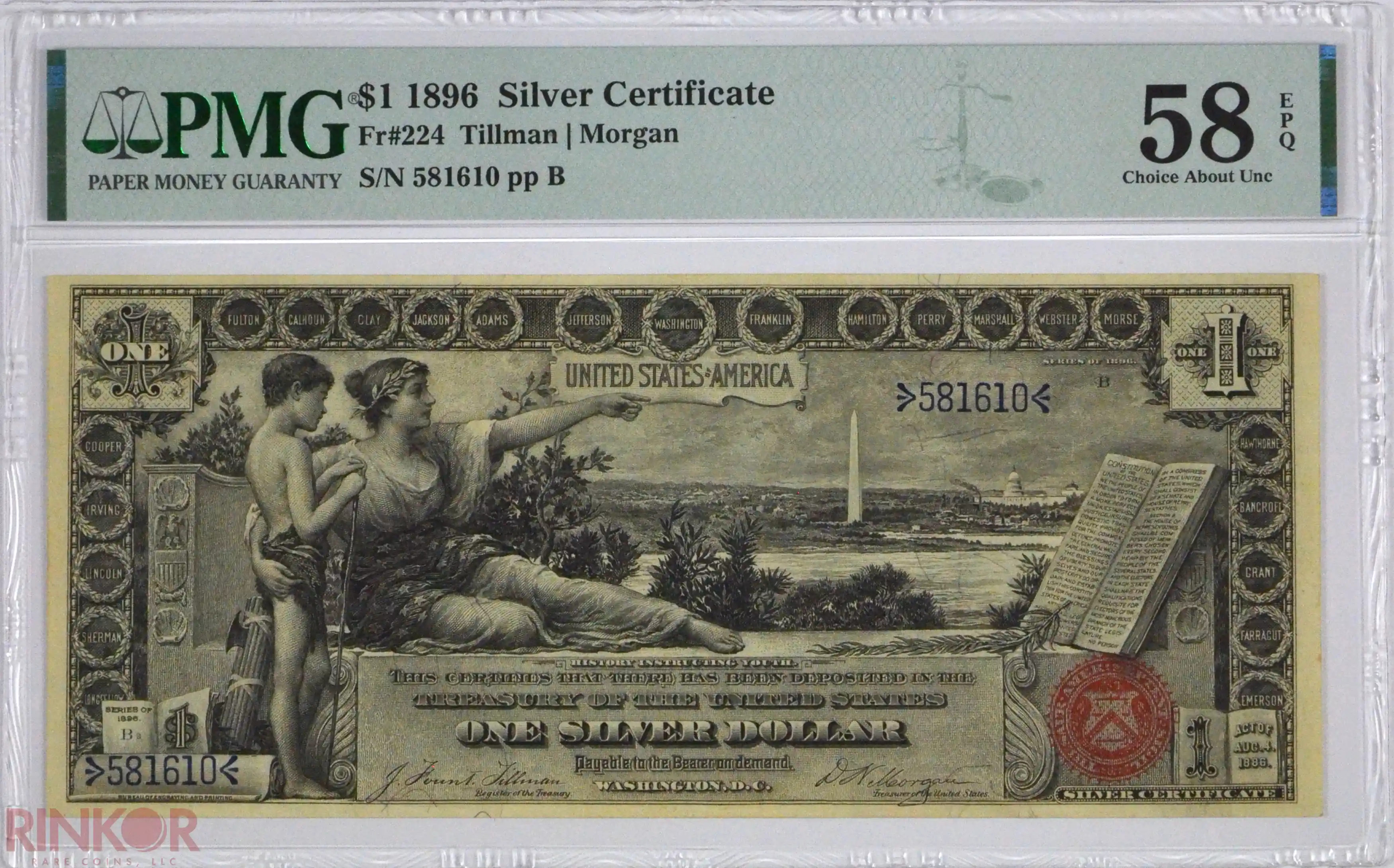 1896 $1 Fr. 224 Silver Certificate PMG AU-58 EPQ