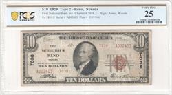 Fr. 1801-2 1929 $10 First National Bank in Reno 7038.2 Type 2 PCGS VF25 