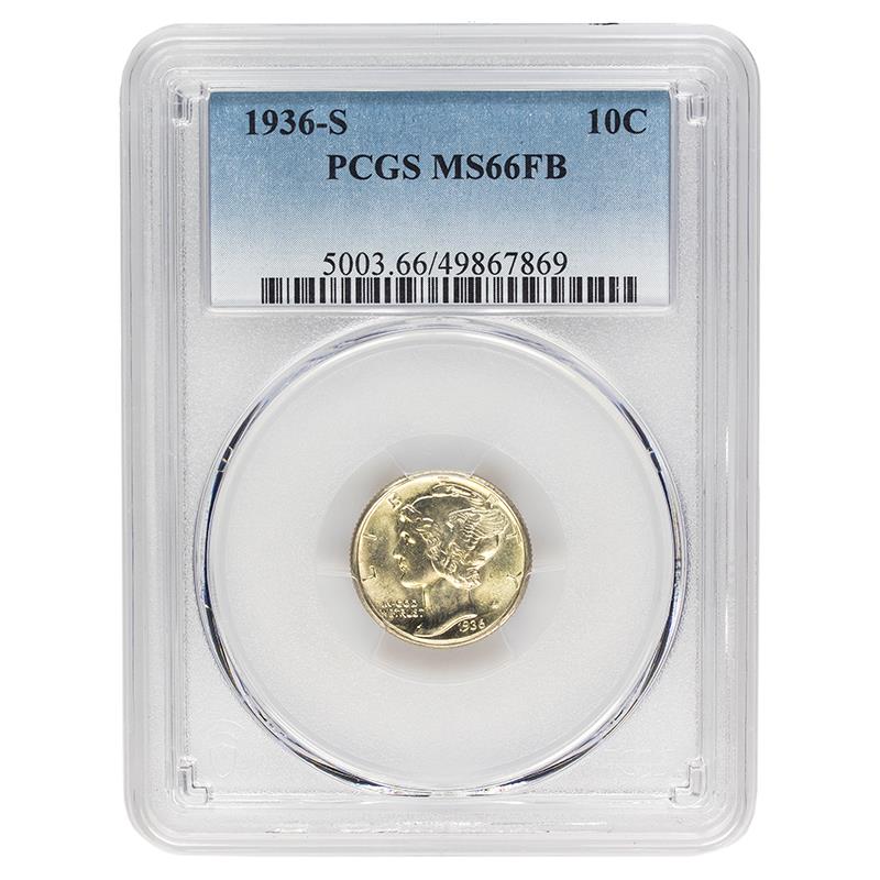 1936-S Full Band Mercury Dime, 10C PCGS MS 66 FB