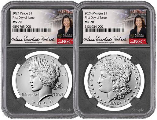 2024 2-Coin Morgan & Peace Silver Dollar Set, FDI, MS70, NGC, Anna Cabral 