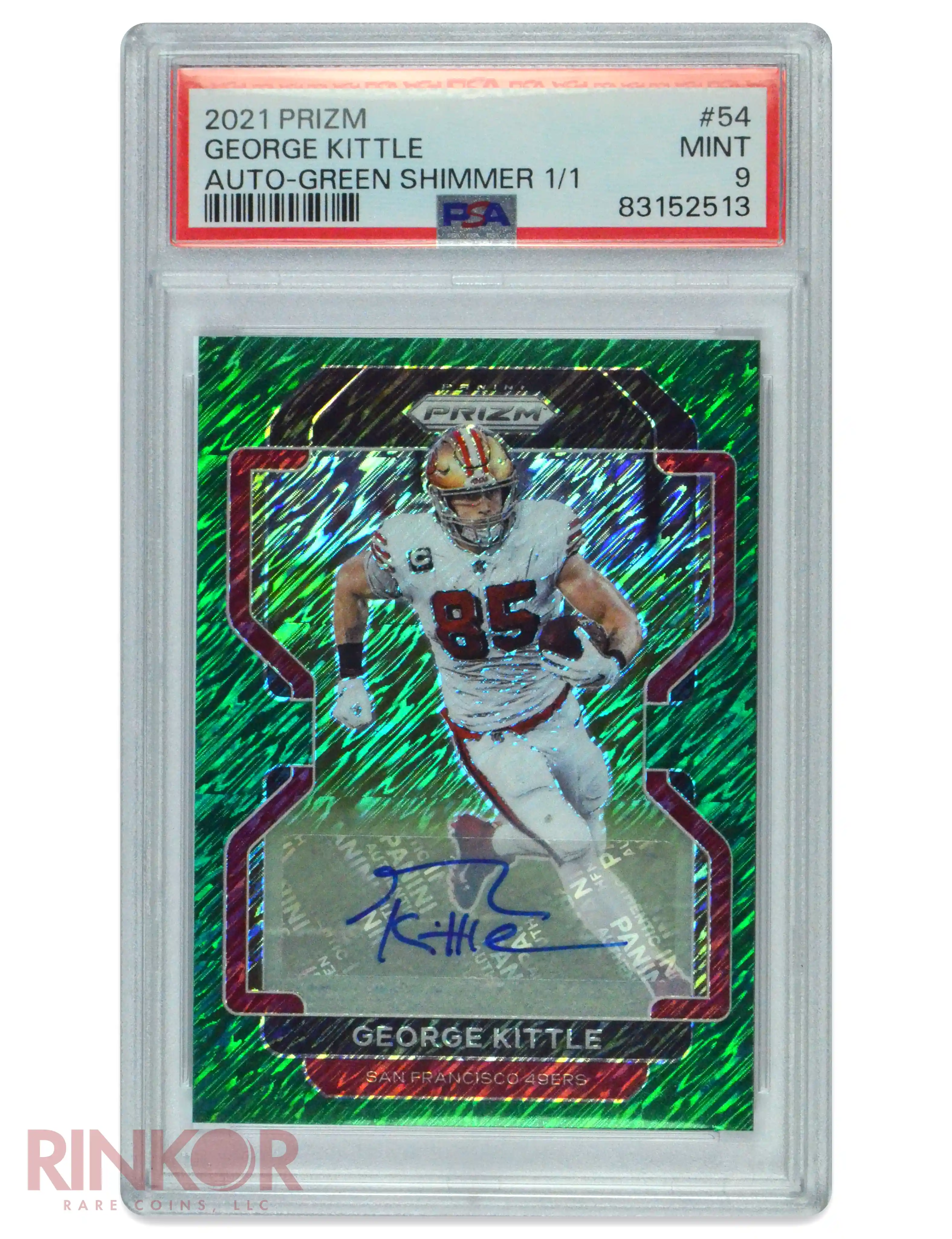 2021 Panini Prizm Green Shimmer George Kittle Auto 1/1 #54 PSA MINT 9