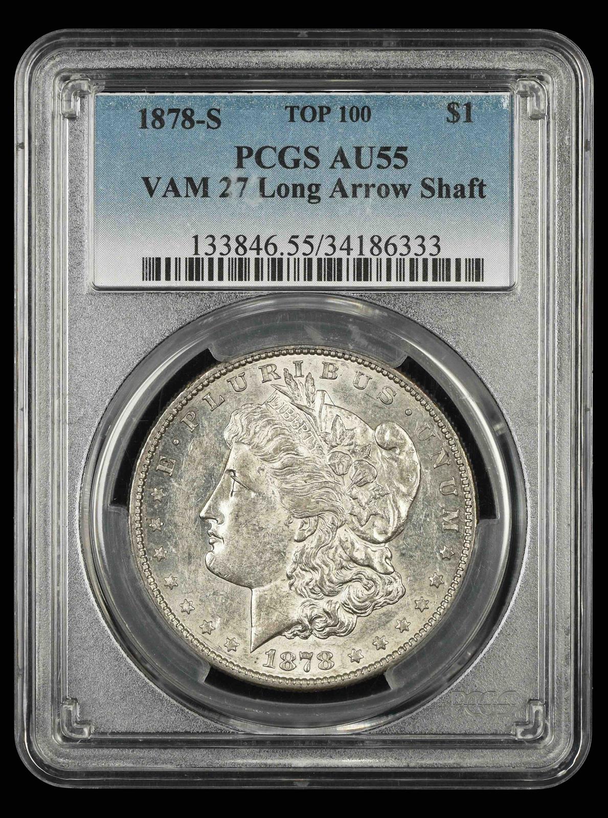 1878-S $1 VAM 27 Long Arrow Shaft Top 100 PCGS AU-55