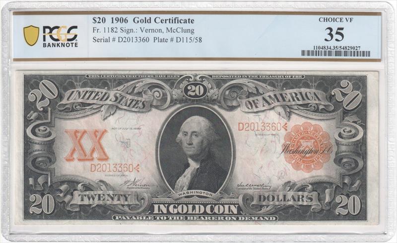 Fr. 1182 1906 $20 Gold Certificate PCGS VF35