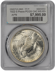 1922-S Peace PCGS CAC MS 65+