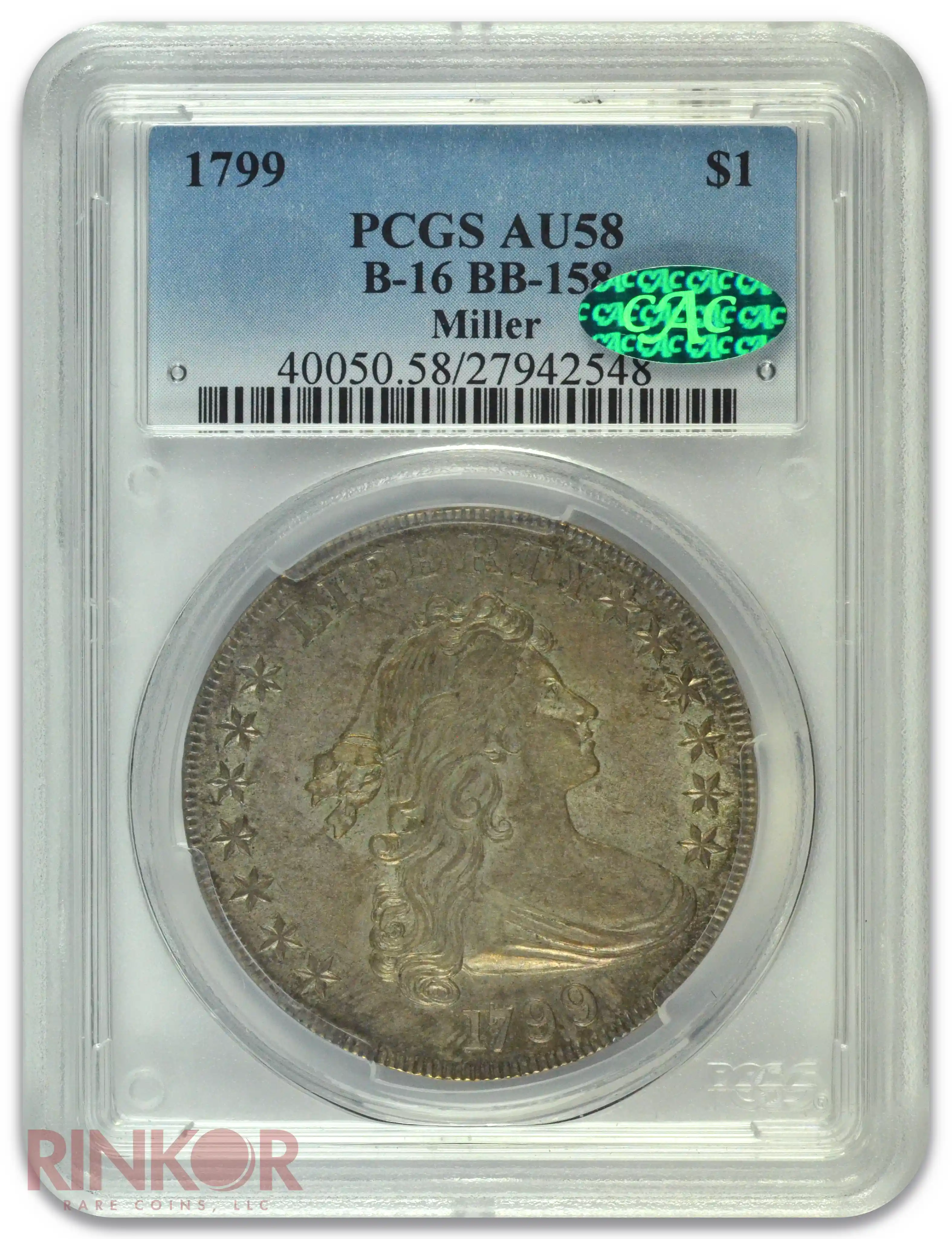 1799 $1 Draped Bust Dollar B-16 BB-158 PCGS AU-58 CAC