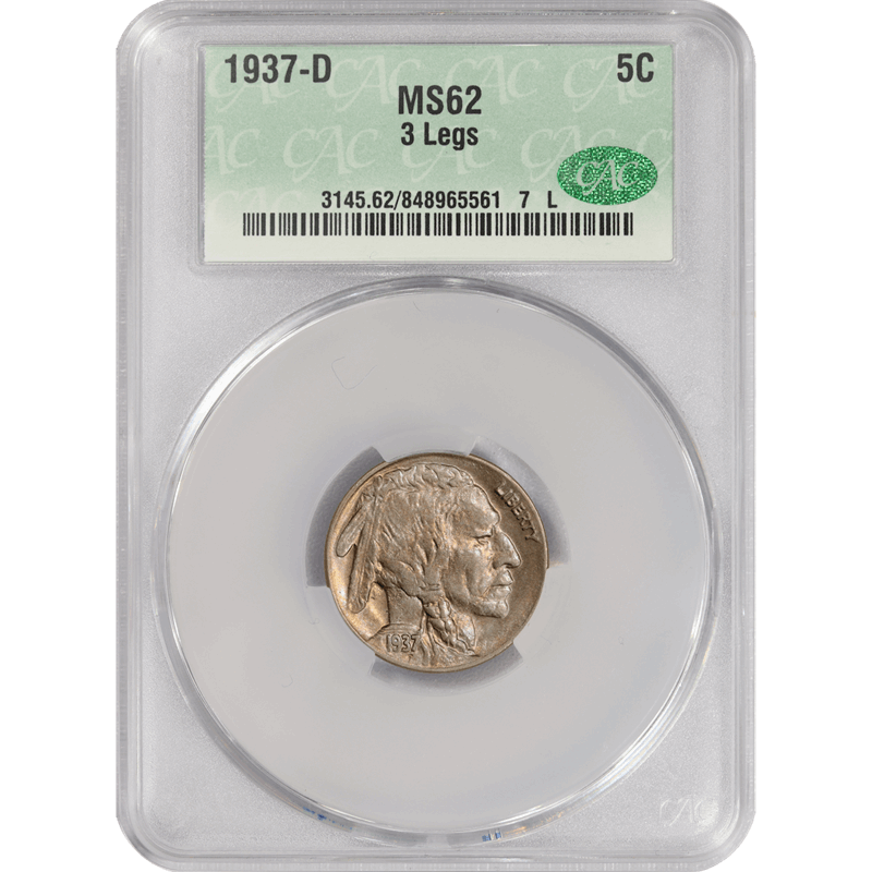 1937-D Three Legged Buffalo Nickel 5c, CACG MS-62 CAC - Lustrous and Attractive