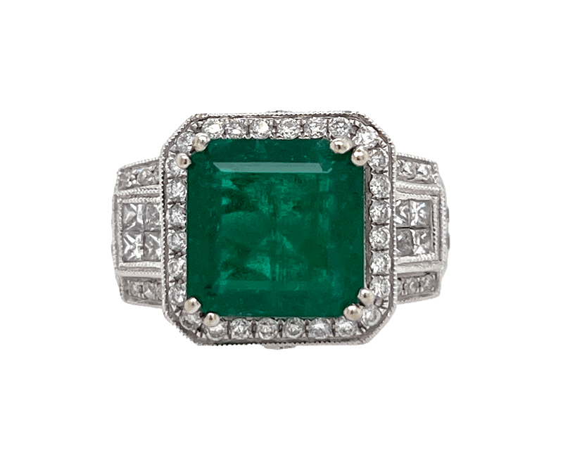 3.27ct Natural Blue Green Emerald  1.38ctw VS Round Diamond HANA Ring in 14k White Gold 