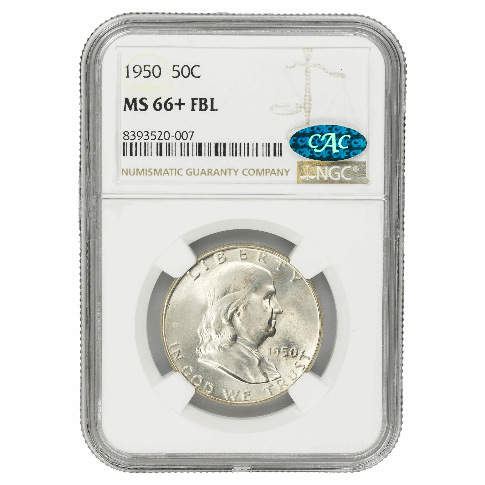 1950 Franklin Half Dollar 50C NGC MS 66+ FBL CAC
