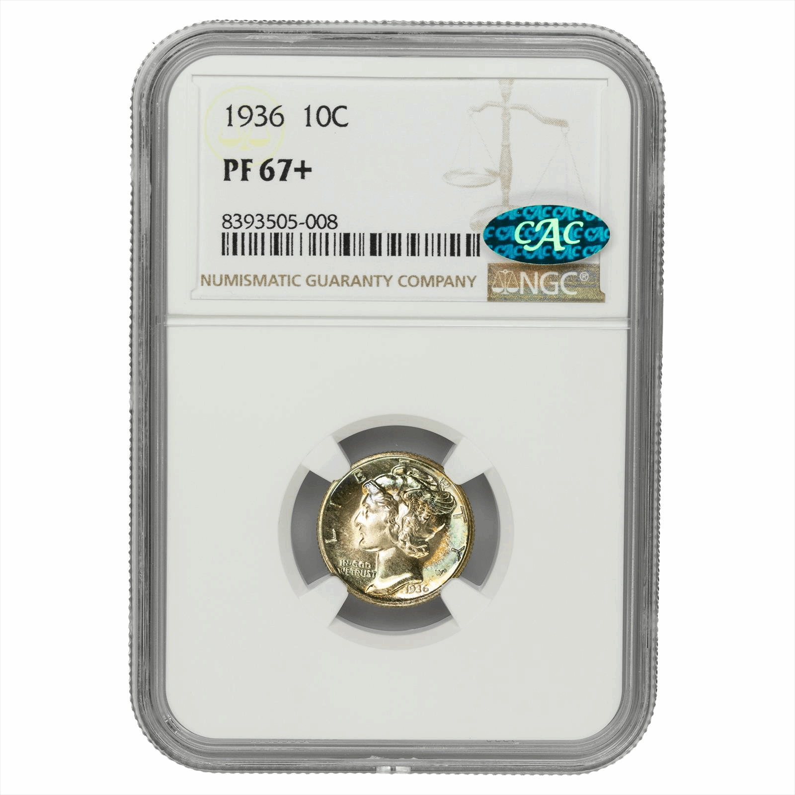 1936 Mercury Dime 10c, NGC PF 67+ CAC - Lovely Toning