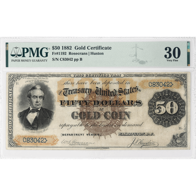 $50 1882 Gold Certificate, Fr. 1192, PMG  30 Very Fine - Nice Note, Rare Friedberg