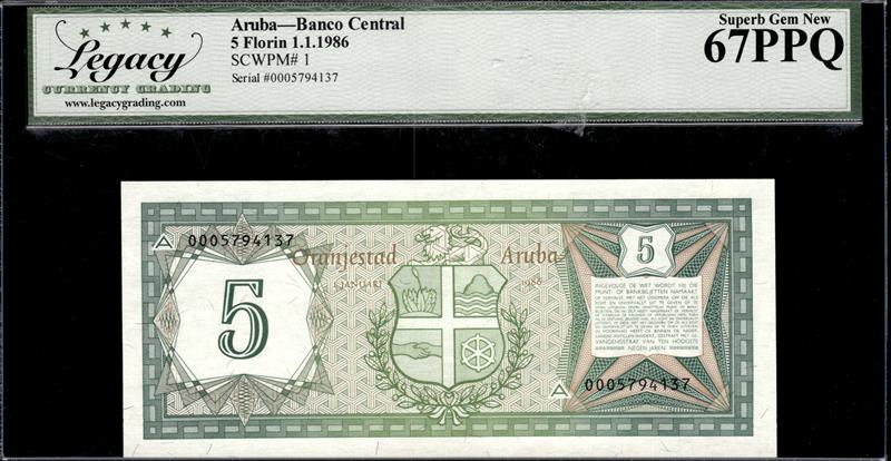 Aruba Banco Central 5 Florin 1.1.1986 Superb Gem New 67PPQ 