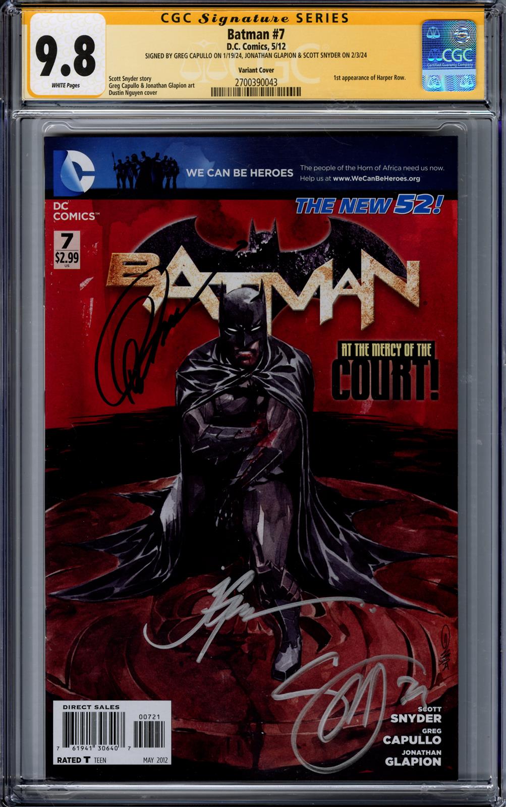 Batman #7 CGC Signature Series 9.8 (D.C., 2012) Signed by Greg Capullo, Jonathan Glapion, & Scott Snyder 