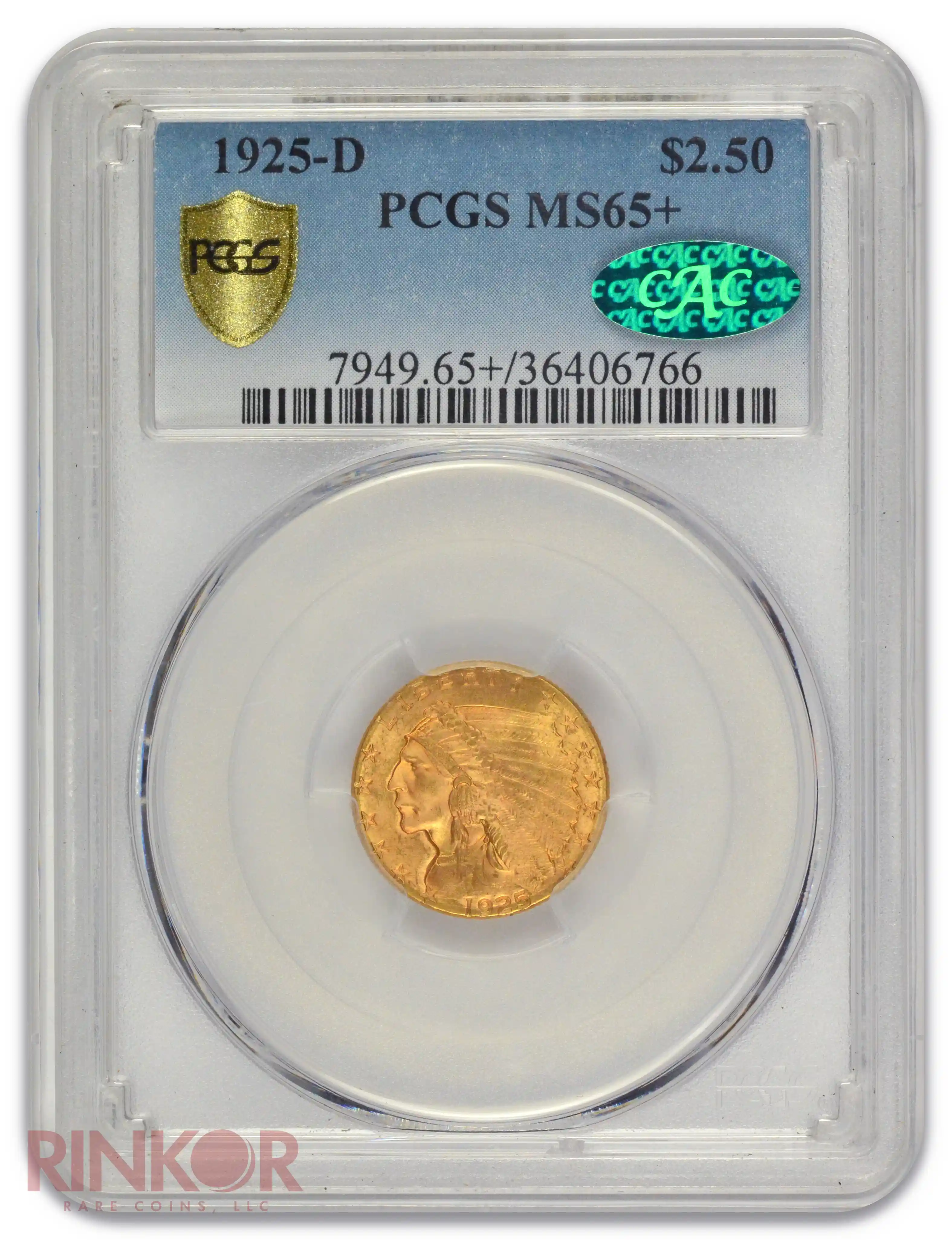 1925-D $2.50 Indian Head PCGS MS 65+ CAC