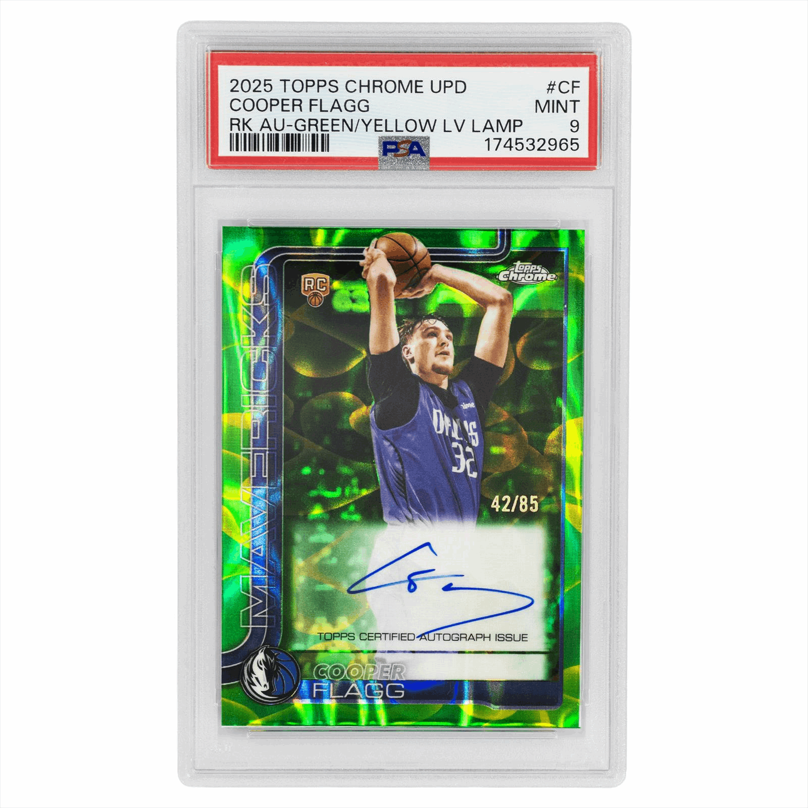 2025 Topps Chrome UPD Cooper Flagg RK AU-Green/Yellow LV Lamp #CF PSA MINT 9