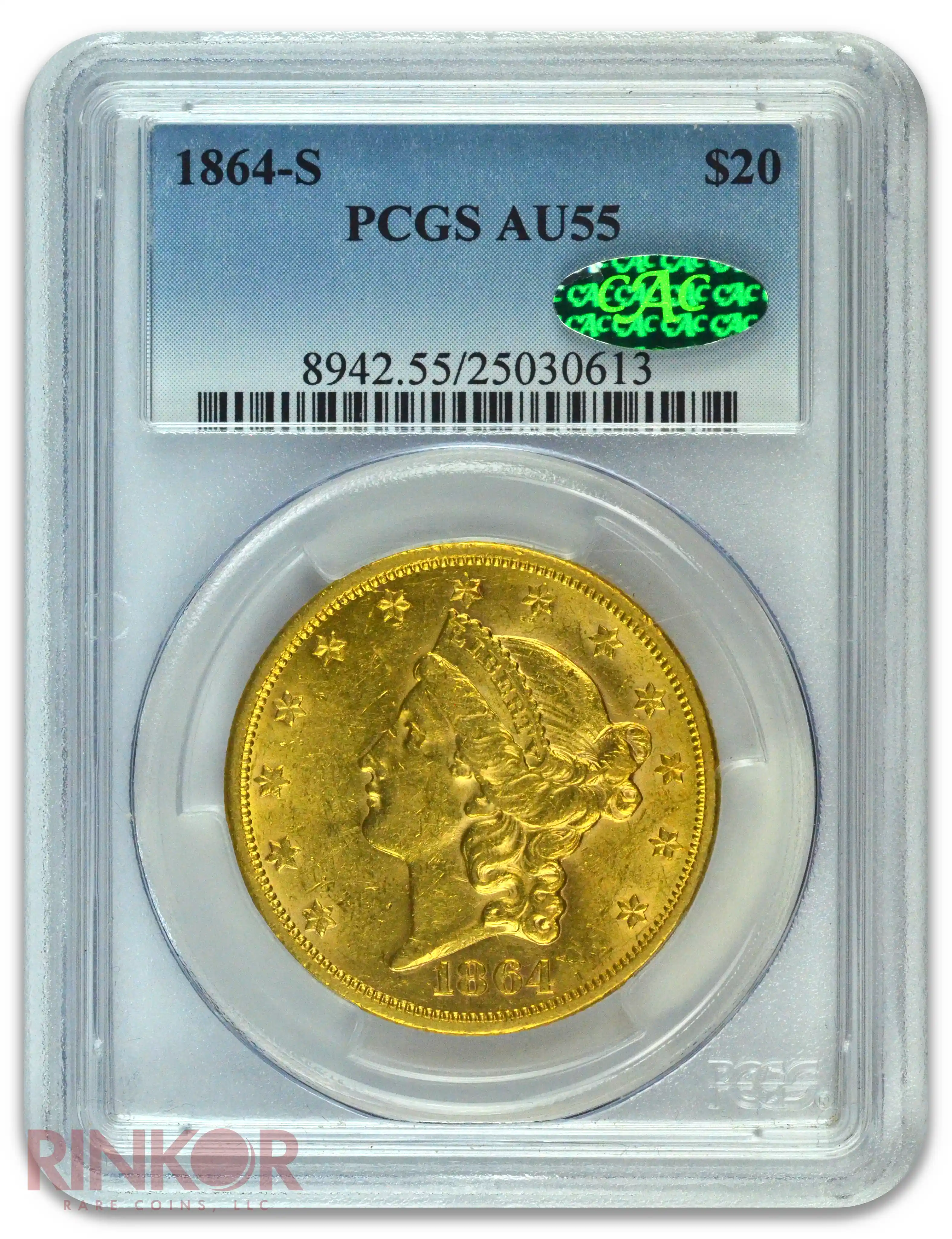 1864-S $20 Liberty Head PCGS AU-55 CAC