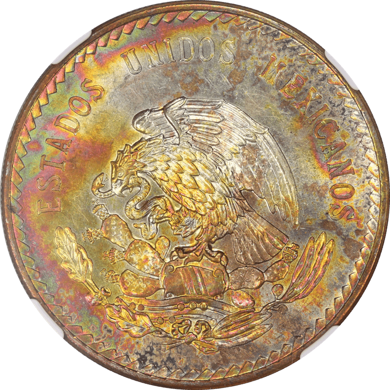 Mexico 1947-Mo Cuahtemoc 5 Pesos Silver NGC MS 62 - Gorgeous Toning 