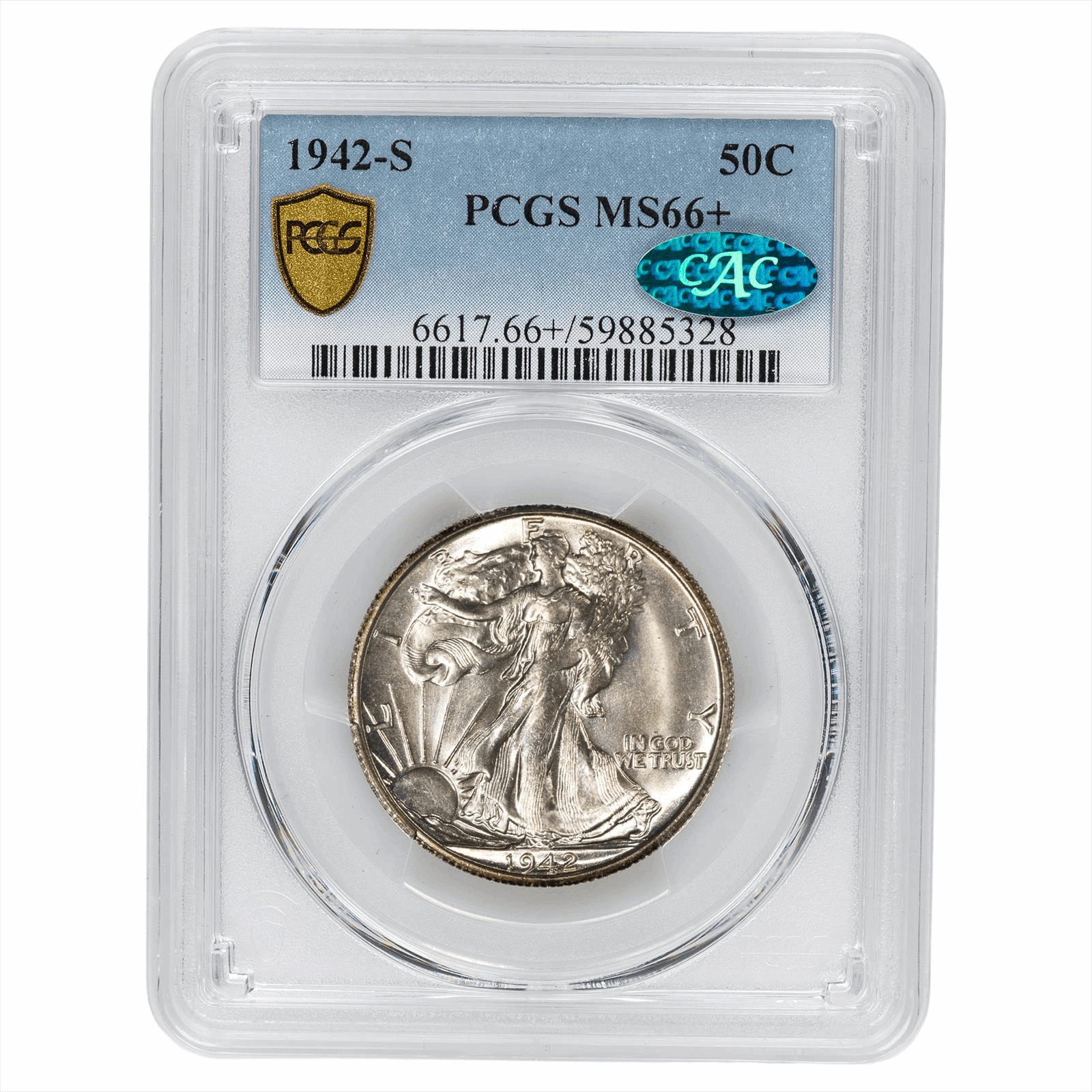 1942-S Walking Liberty Half Dollar 50C PCGS MS 66+ CAC
