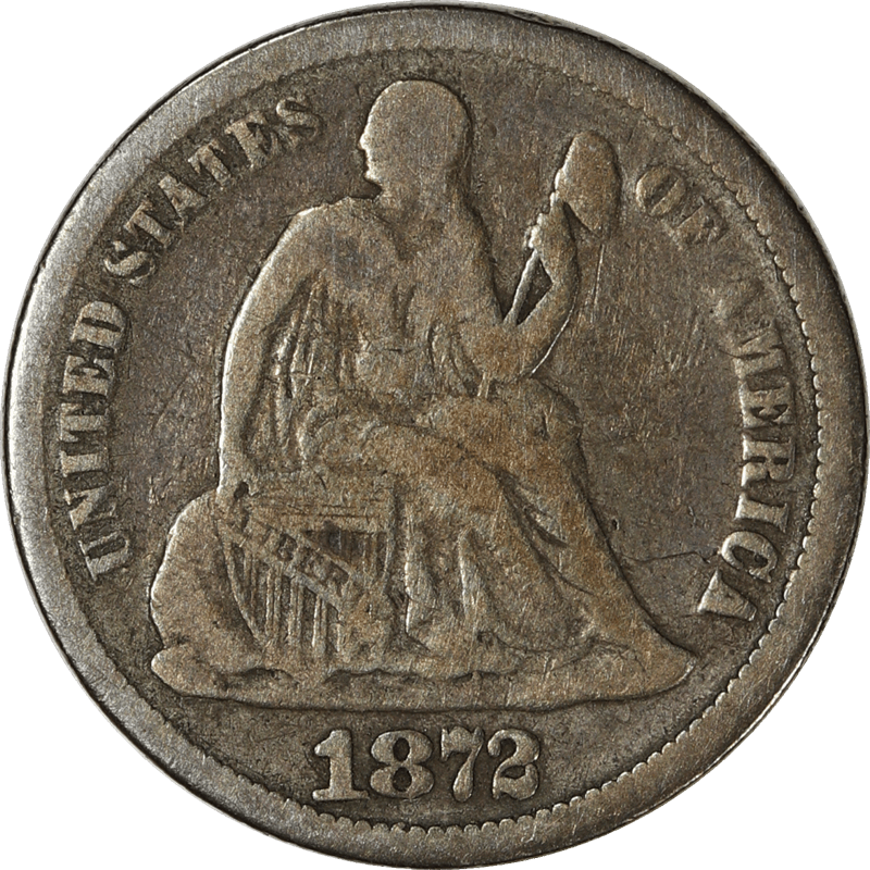 1872 Liberty Seated Dime 10c, Raw Ungraded Coin