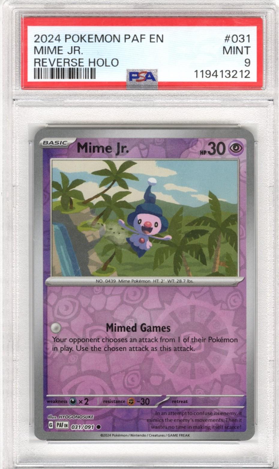 2024 Pokemon Paf En Mime Jr. Reverse Holo #031 PSA Mint 9 