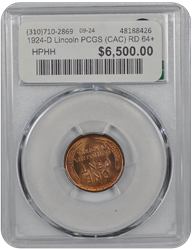 1924-D Lincoln PCGS (CAC) RD 64+