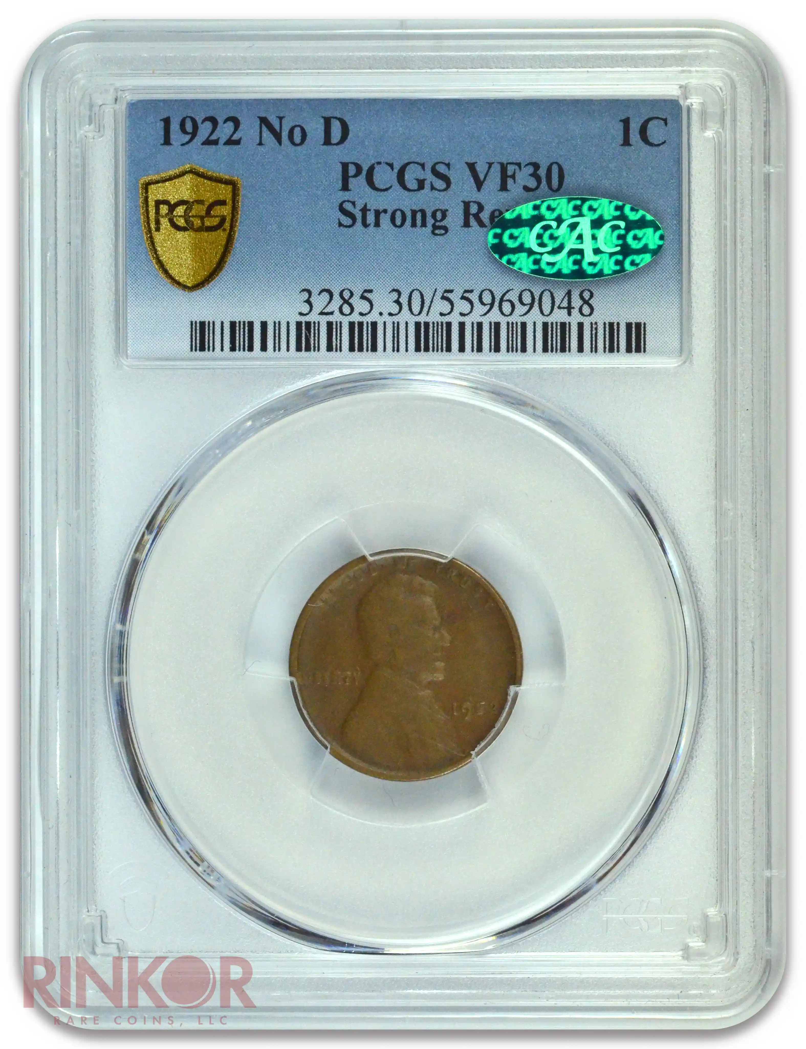 1922 No D 1C Strong Reverse Lincoln Wheat Cent PCGS VF-30 CAC