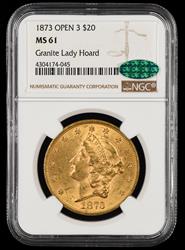 1873 Open 3 $20 Gold Granite Lady Hoard NGC MS61 CAC