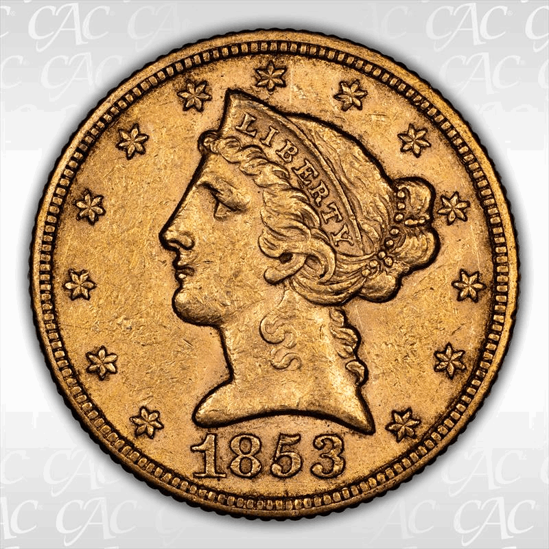 1853 $5 CACG AU-58 