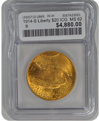 1914-S Liberty $20 ICG  MS 62