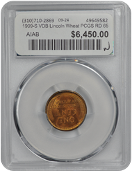 1909-S VDB Lincoln Wheat PCGS RD 65 