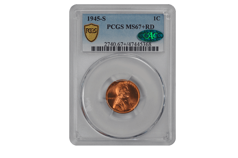 1945-S 1C Lincoln Cent - Type 1 Wheat Reverse PCGS (CAC) MS67+ RD