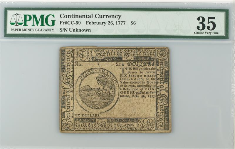 Fr#CC-59 Feb 26, 1777 $6 Continental Currency PMG VF35