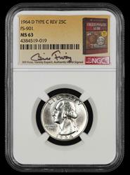 1964 D Washington Quarter Type C Reverse FS-901 Bill Fivaz Signature Label NGC   MS63