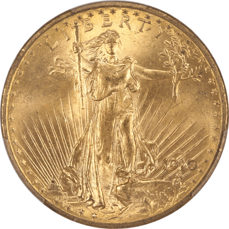 1910-D St. Gaudens $20 Gold Double Eagle PCGS and CAC MS65+ Gem Uncirculated+