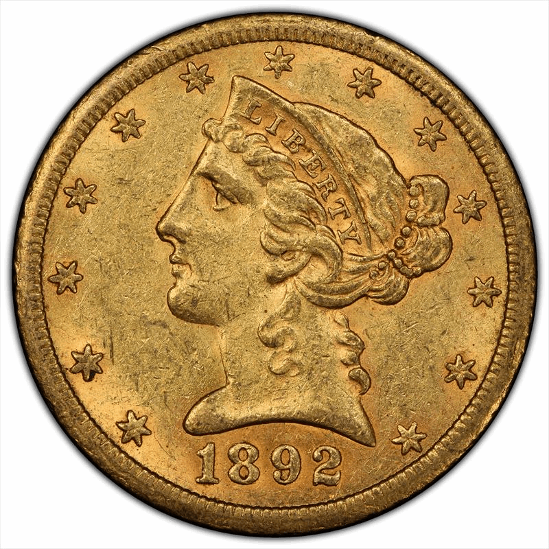 1892-CC $5 PCGS AU-58 CAC
